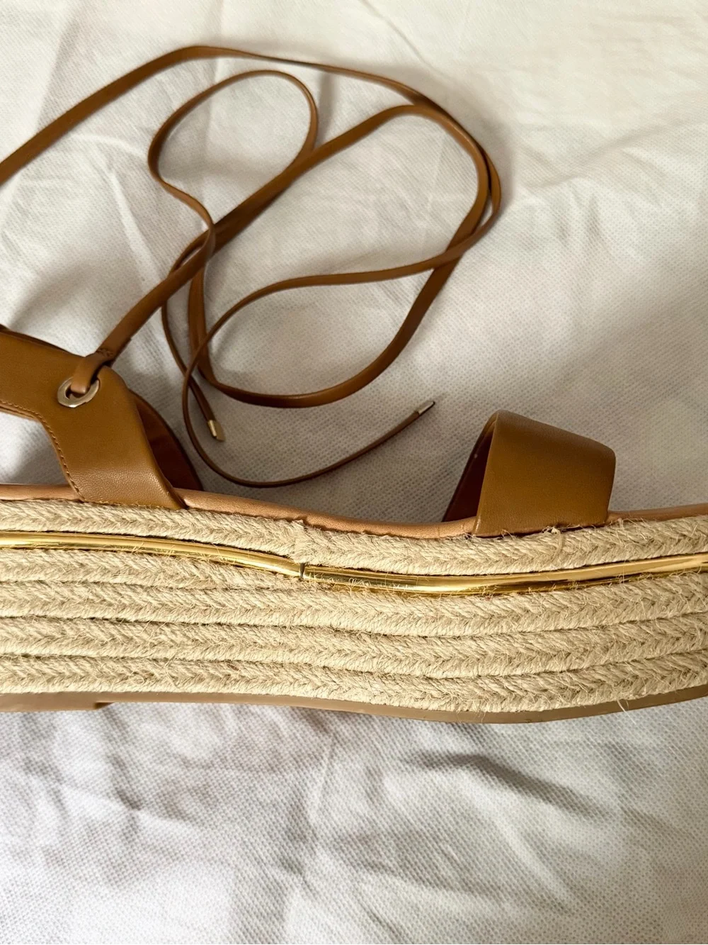 Bleecker & Bond Women's Leather Tan Espadrille Platform Sandals with Ankle Tie